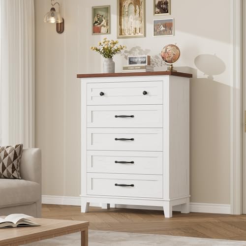GarveeHome 5 Dresser for Bedroom, 41.3 in Tall Vertical Drawer Dresser with Large Storage, Freestanding Wooden Closet Chest for Bedroom, Living Room, White + Brown by GarveeHome - Image 4