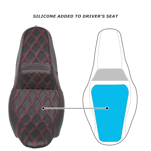 JUNJUMOTO One Piece Rider Passenger Seat Driver Gel Seat Compatible with Harley Touring Street Glide Road Glide Road King Electra Glide 2008-2023 (Red Stitching &Diamond Pattern)