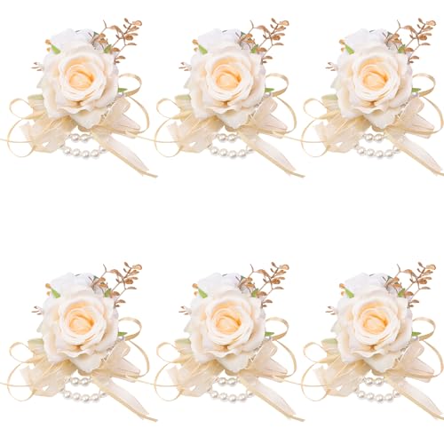Meldel Women Champagne Faux Rose Wrist Corsages Set 6Pcs for Wedding Prom