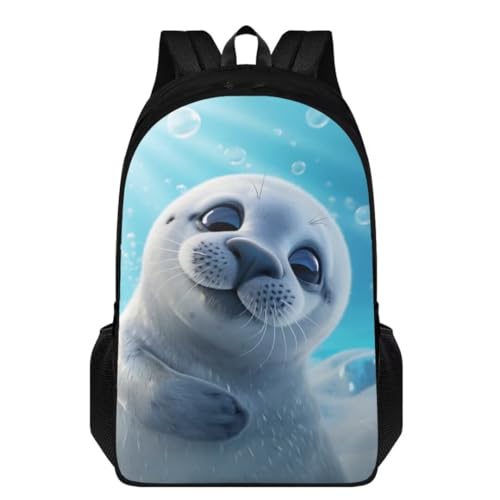 White Seal Print Kids Backpack for Girls 8-12Fashion Girl Print Backpack Multi-pockets Portable Rucksack 17 Inch Waterproof Daypack for Middle Students