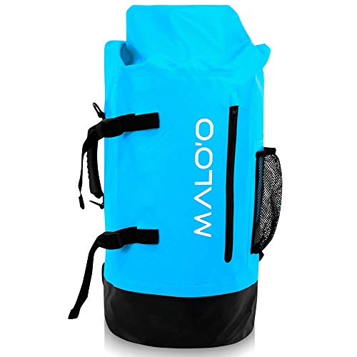 Malo'o 45L Waterproof Heavy Duty Backpack Dry Bags for Kayaking, Camping, Fishing, Hiking Daypack - Beach Accessories, Boat accessories, and Travel Gear - Fishing Rod Case Straps (Blue)