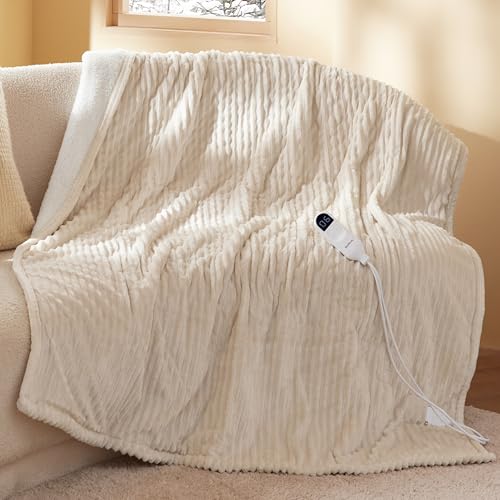 Image of Bedsure Ribbed Heated Blanket Throw, Cream Electric Blanket, Preheat | Fast Heating, 6 Heat & 6 Timer (Up to 10H) Settings, 8 Hours Auto-Off, ETL & FCC, Flannel Sherpa, Gifts for Grandma, 50 inchx60 inch