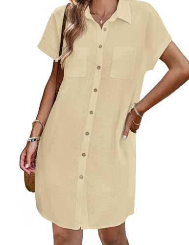 Image of Zeagoo Summer Dresses for Women 2026 Cotton Button Down Short Sleeve Tshirt Dresses Casual Mini Beach Dress
