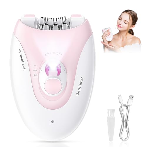 Epilator for Women, Cordless Rechargeable Hair Removal Device, with LED Light & 2 Speeds, Electric Trimmer Tweezer for Face Legs Arms Underarm Armpit Bikini, Pink Mini Epilator Shaver for Travel