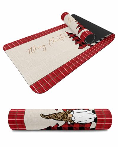 Debedcor Heat Proof Table Pads Waterproof Decorative, Merry Christmas Non-Slip Table Countertop Protector, Xmas Gnome Red Plaid Trees Burlap Insulation Mat for Dining Room, 48 x 12 Inches