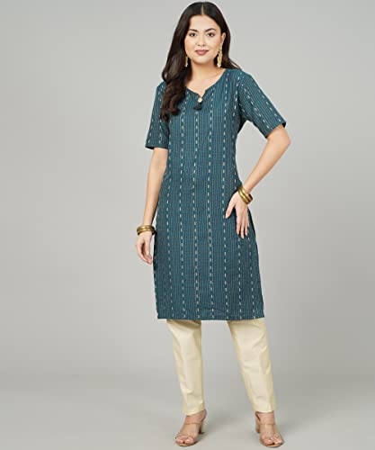 Image of Cotton Dobby Woven Design V- Neck Elbow Sleeves Knee Length Kurta for Women's