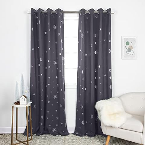 Best Home Fashion Set of 2 Blackout Silver Snowflake Curtain Pair, Silver Grommet Window Panels for Bedroom, Living Room, Holiday, Christmas, Sun Blocking Thermal Insulated (52" W x 63" L, Grey) Cover
