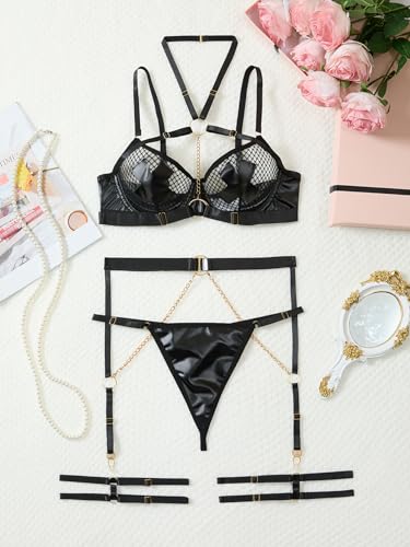 Image of Lilosy Sexy Pu Leather Strappy Underwire Garter Belt Lingerie Set