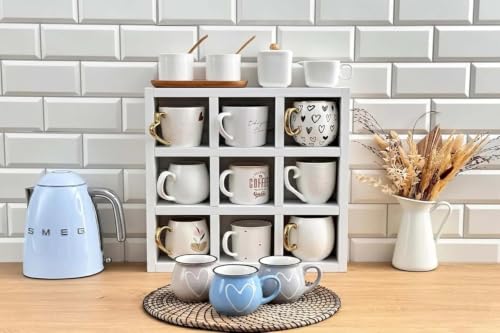 Image of Hamdan Collection Wall Mounted Mug Shelf - Coffee Cup Storage - Kitchen Wall Rack - Floating Cup Organizer - Rustic Coffee Bar Shelf (SQ 9 COMP)