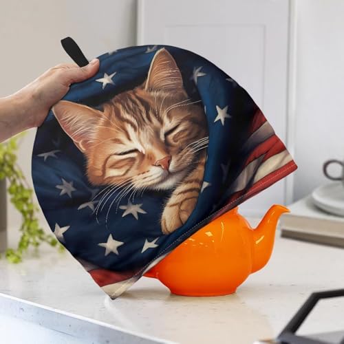 Image of American Flag Teapot Cover Soft Tea Cozy for Teapot Insulated Dust Proof Kettle Kitchen Dust Cover Designed in England 4th of July Tea Pot DeCor Cover
