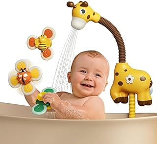 TUMAMA Baby Bath Toy with Shower Head and 3 Suction Spinner Toys, Giraffe Water Spray Squirt Shower Faucet and Bathtub Water Pump Summer Essentials for Toddlers Infants Kids,Yellow