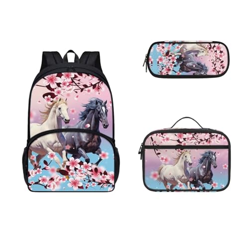 Zaino scolastico da 3 pezzi con portapranzo astuccio per bambini e ragazzi grande capacità Cavallo Floreale