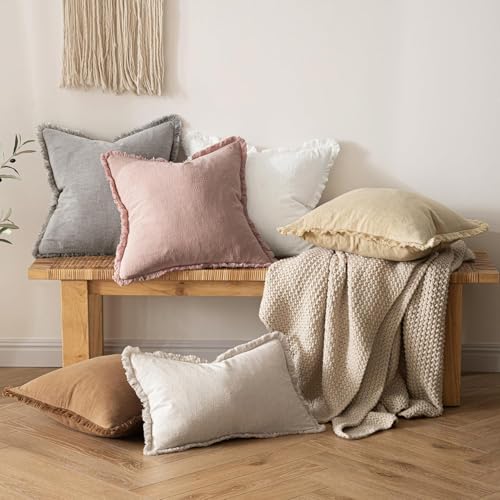 Image of MIULEE Decorative Throw Pillow Covers Neutral Linen Fringe Throw Pillows Euro Shams Set of 2 White Boho Farmhouse Cushion Covers for Couch Sofa Bed Living Room Spring Home Decor 28x28 Inch
