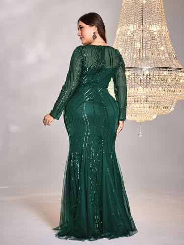 Image of Plus Size Long Sleeve Sequin Evening Dress Glitter Mermaid Long Gown for Mother of The Bride Or Wedding Guest