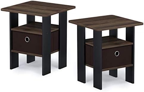 Furinno Andrey Set of 2 End Table / Side Table / Night Stand / Bedside Table with Bin Drawer, Columbia Walnut/Dark Brown