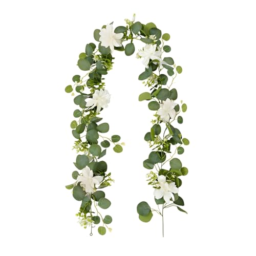 IZIHQA Ghirlanda Di Edera, Ghirlanda Di Eucalipto Artificiale.Ghirlanda Di Eucalipto Da 1,8 M Con Foglie Verdi E Fiori Bianchi, Decorazione Per Matrimoni, Tavoli, Archi E Case.