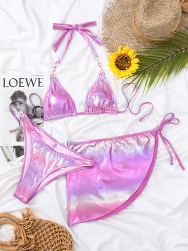 Women's Sexy Liquid Metallic Diamond Triangle Bikini Bathing Suit Tie Side Thong with Glitter Skirt 3 Piece Swimsuit3