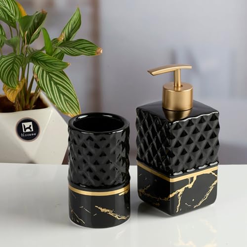 Image of Kookee Ceramic Bathroom Accessories Set of 2 | Soap Dispenser & Toothbrush Holder | Modern Bath Organiser | Luxury Home Gift Set (11579)