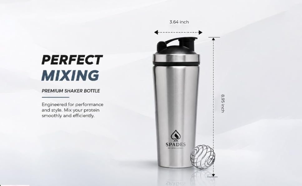 Image of SPADES Stainless Steel Gym Shaker Bottle 750ml with Mixing Ball | Leakproof Protein Shaker for Gym, Wide Mouth, Leckproof, Measurement Markings, Sipper Cap | Metal Shaker for Men,Women (Silver /P1)