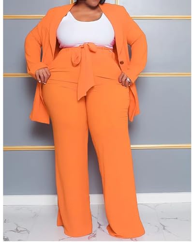IyMoo Plus Size Suits for Women Business Open Front Long Sleeve Blazer Elastic Waist Solid Straight Leg Pant Set Suits3