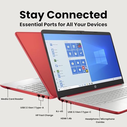 Image of HP 15 Laptop | Intel 4-Core Processor | 4GB DDR4 RAM | 256GB SSD | 15.6 inch HD Display | Win 11 | Full-Size Keyboard with Numeric Keypad | RJ-45 | Scarlet Red | Up to 10 Hrs Battery Life for Work & Study