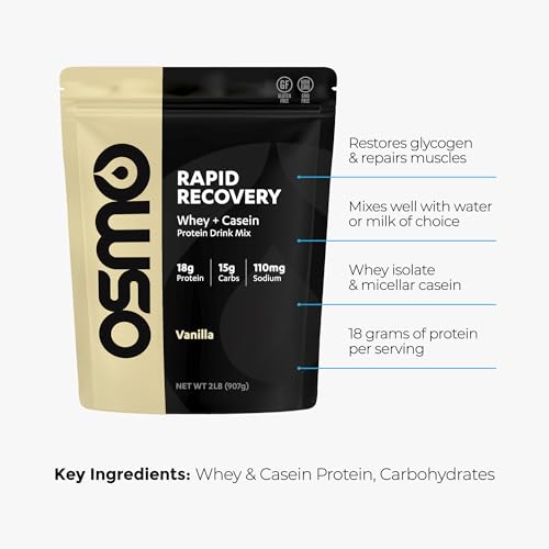 Image of Osmo Rapid Recovery - Whey & Micellar Casein Protein Powder Blend with Carbohydrates & Caffeine, All Natural Ingredients, Enables Muscle Repair & Boosts Glycogen Restoration - Vanilla, 22 Servings