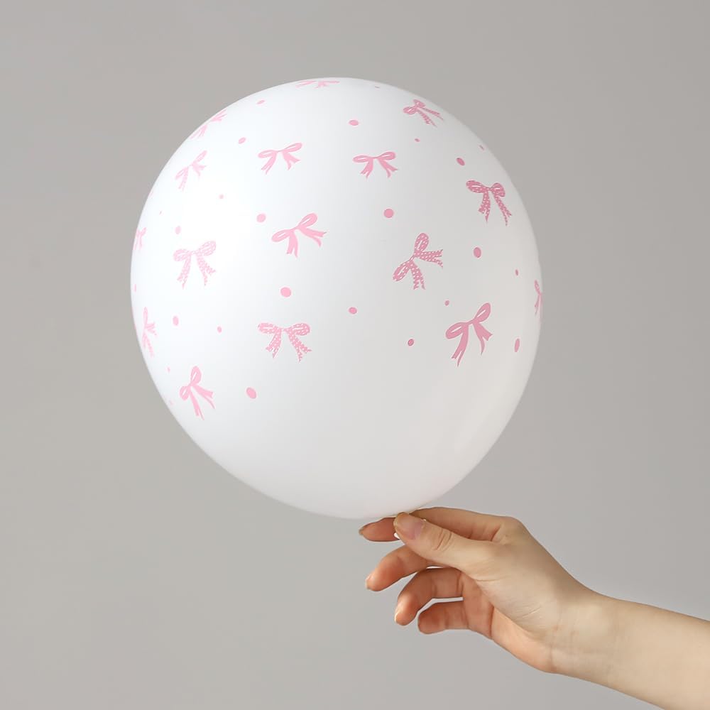 Pink White Bow Balloon Set 50pcs 12inch Metallic Pink Latex Balloons Light Pink Confetti Balloons for Birthday Wedding Baby Shower Party Decorations