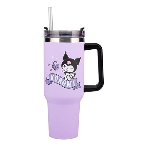 Miniatura 2 de Paladone Kuromi Vaso Térmico Morado De 900 Ml Con Pajita Y Asa, Botella Reutilizable Con Licencia Oficial Sanrio Hello Kitty Y Amigos, Para Agua, Té Frío, Café, Coleccionable Kawaii Para Fans