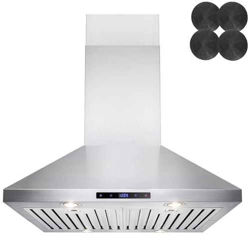 AKDY 30 in. Island Mount Range Hood, 4-Speed Fan and LED Lights in Stainless Steel, Convertible Range Hood Ducted to Ductless with 2-Sets of Carbon Filters