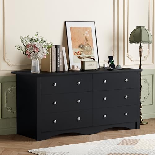 image for YESHOMY Black Dresser with Power Outlet, 6 Drawers Dresser for Bedroom