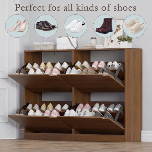 Image of BORNOON Shoe Cabinet with 4 Flip Drawers, Narrow Hidden Shoe Storage Cabinet, Slim Freestanding Shoe Rack Organizer for Entryway, Hallway, Bedroom, Living Room