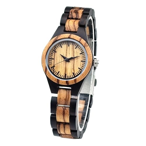 MISHIKG Women's Wooden Watch Lightweight Analog Handmade Quartz Wood Watches Brown Dial Adjusted Band with Extra Links