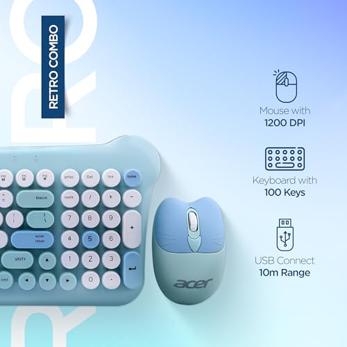 Image of Acer Cuteo Wireless Keyboard and Mouse Combo | 2.4GHz Wireless USB Receiver | Retro Round Keycaps | 1200 DPI Optical Mouse | Plug & Play Compact Design for PC, Laptop, Office & Home Use | Blue