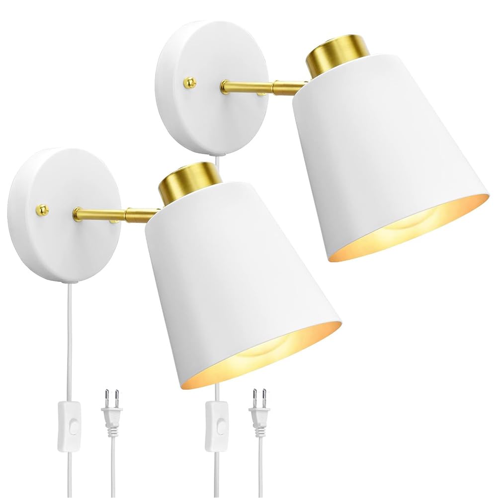 AoLa Verstellbar Wandleuchte mit Schalter und Stecker Innen Wandlampe Drehbar 360° mit Kabel Vintage Nachttischlampe aus Metall Lampenschirm E27 Retro Industriell Wand Leselampe, 2 Stücke,Weiß