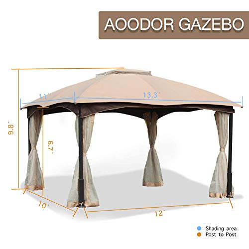 Aoodor Patio Gazebo 10\' x 12\' Metal Frame with Mesh Netting Canopy Top - Khaki Color