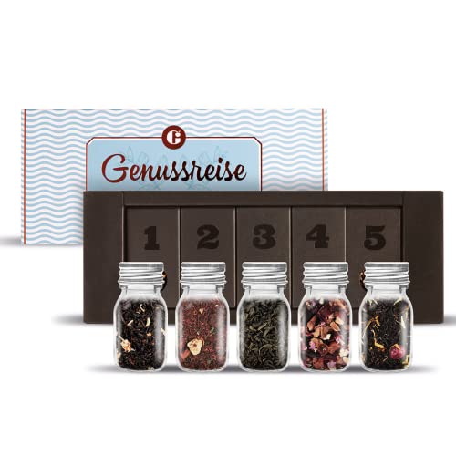 MEIN GENUSS Tee-Set Genussreise - Geschenkset Tee mit Teesorten aus aller Welt - Geschenk für Weltenbummler und Tee-Liebhaber - Tee-Geschenkbox mit 5 unterschiedlichen Teesorten Cover