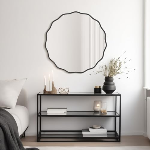 Image of WallBeyond Round Wavy Mirror for Wall Decorative 32 inch, Modern Round Mirror Aluminum Frame for Bathroom Bedroom Living Room Home House Office Entryway, Black