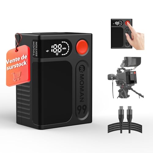 Batterie V Mount, Moman Power 99 Touch Mini V-Lock Battery 99Wh/6900mAh avec Bouton Tactile & Écran LED 65W Charge Rapide USB-C/USB-A/D-Tap 14.4V/DC 8.4V/BP Port pour Caméscope Caméra BMPCC Moniteur