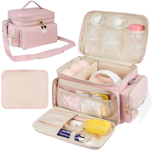 Image of Breast Pump Bag Compatible with Spectra S1 and S2, Breast Pumping Travel Storage Bag with Waterproof Mat for Pumping Essentials and Accessories, Pink
