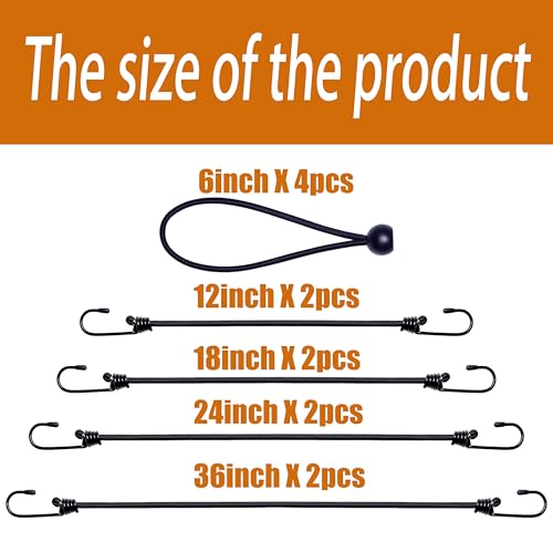 Yelier Bungee Cords with Hooks – 8pcs Bungee Cord (12\", 18\", 24\", 36\") + 4pcs 6\" Ball Bungee Cords, No Irritating Odor, for Cargo, Camping, Outdoor, Tent (Black, 12\" 18\" 24\" 36\")