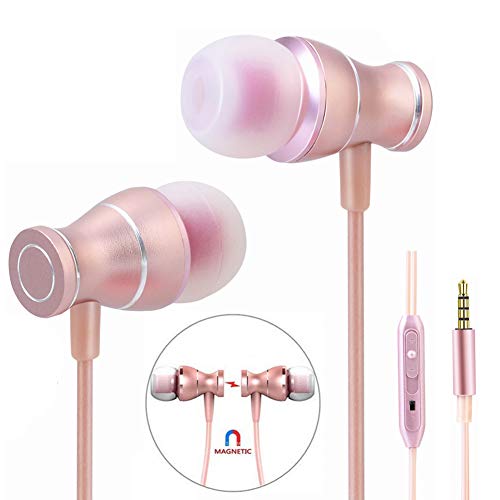 EYEKOP E2 Headphones Earphones, in-Ear Wired Earbuds Magnetic Metal Stereo Earphones for Running with Mic (Rose Gold)