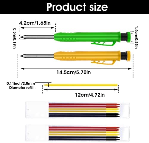 Cobee Carpenter Mechanical Pencils, 2pcs Solid Carpentry Automatic Pencils Set with 2pcs Solid Carpenter Pencil Refills for Drawing Scribering Woodworking with Refills Erasers Sharpener(Green+Yellow)