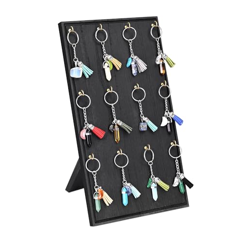 Ikee Design Wooden Jewelry Display Stand with 12 hooks Earring Display with Hooks Bracelet Earring Keychain Stand for Selling 7.8W x 7.8D x 15.9H in Black Color