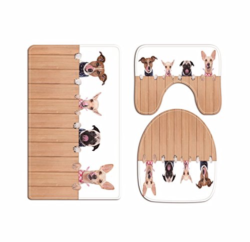 A.Monamour Badezimmer Badematte 3 Teilig Set Lustige Hunde Thema Bild Wc Sitzbezüge Kissen Pads Bad...