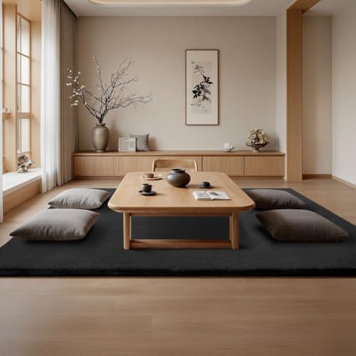 ラグマット カーペット 160x230cm 全厚約2cm 滑り止め付 洗えるラグ 抗菌 ふわっと手触り 防音絨毯 オールシーズ おしゃれな北欧風シャギーラグ 極厚ウレタンフォーム10mm 寝室、リビングルーム用のふわふわラグ、ブラック