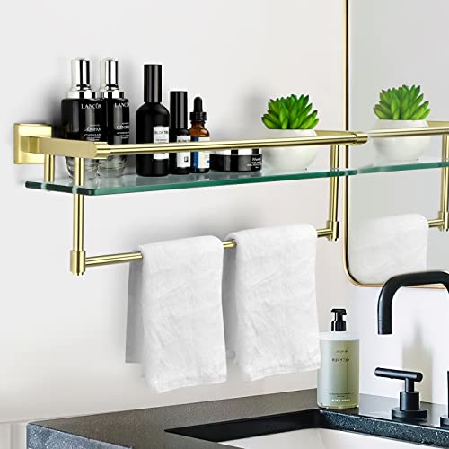 Sfgsowor Glass Shelf For Bathroom With Towel Rack 21 Inch Glass Storage Shelf Stainless Steel Towel Bar Wall Mounted Tempered Glass Shelf (Brushed Gold) #TOP5