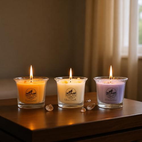 Image of Scented Candle Set - Sandalwood, Vanilla & Lavender Fragrances | Long Lasting Aromatherapy Candles | Relaxation & Home Decor | Pack of 3 | Upto 12 Hours Burn time | 104 gm Each