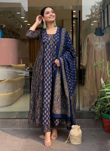 Image of ANNI Designer Women's Viscose Printed A-Line Kurta Set with Pant and Dupatta | Ethnic Wear Dress | V-Neck | 3 /4 Sleeve Indian Traditional Outfit for Women