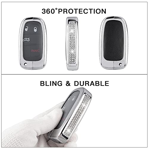 Carfib For Jeep Accessories Cherokee Grand Cherokee Compass Charger Chrysler Dodge Challenger Durango Journey Renegade Ram Bling Key Fob Cover Case Holder 2020 2021 2022 Car Remote Key Chain Ring Women Men Tpu Silver #TOP2