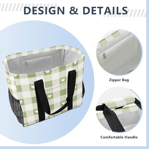 Grey-green Love Check Utility Totes Collapsable Water Resistant with Handles Beach Tote Bag4